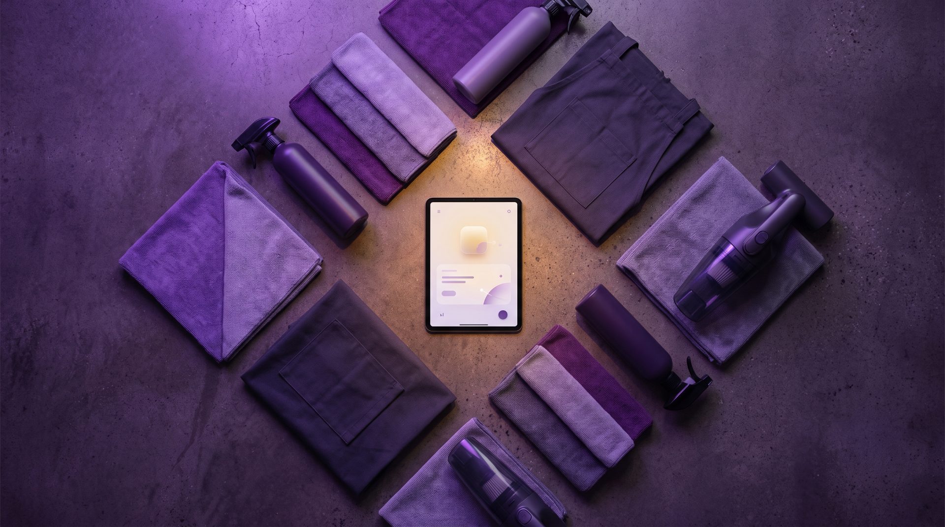 Top-down view of professional cleaning tools arranged around a tablet with a softly lit app interface, on a deep purple background.