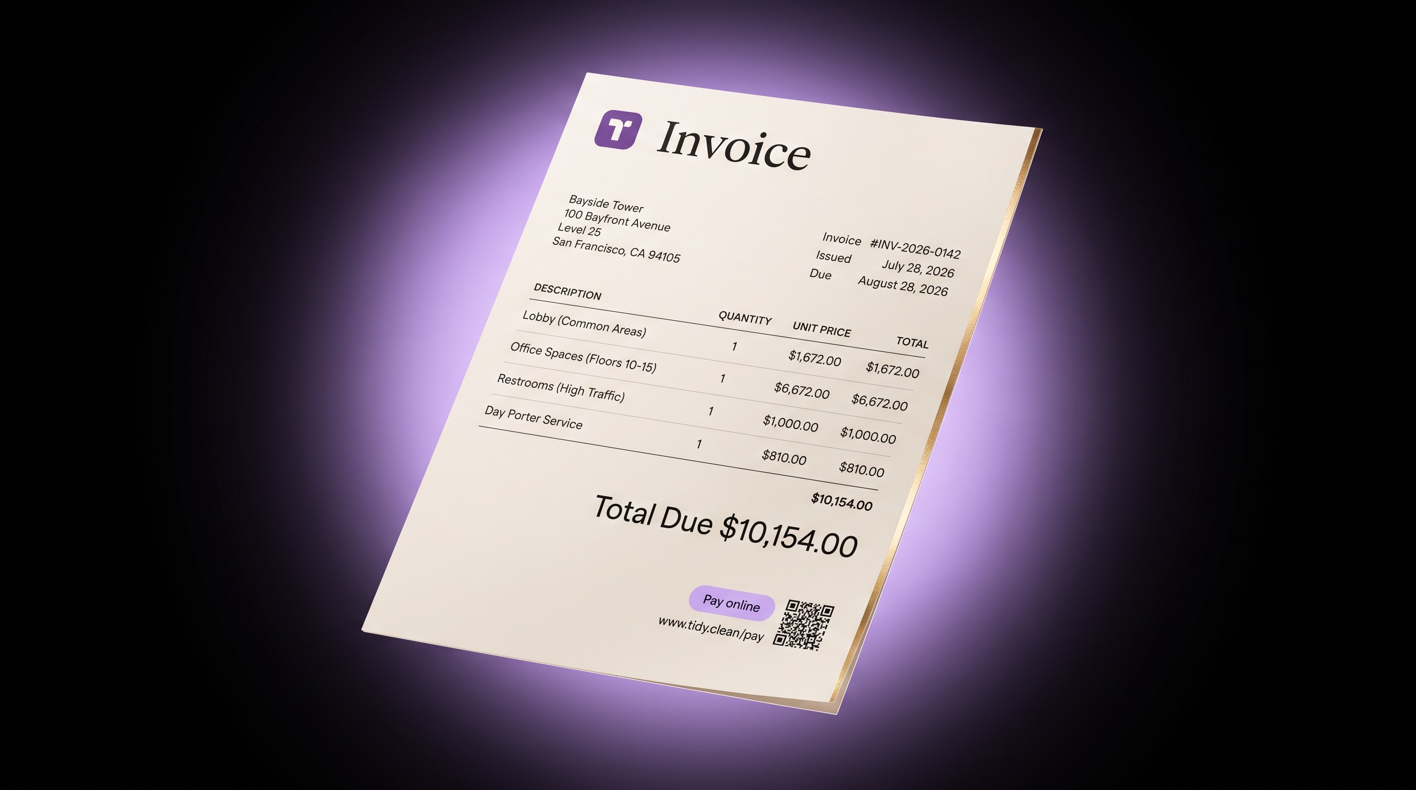 Tidy branded invoice with QR code payment