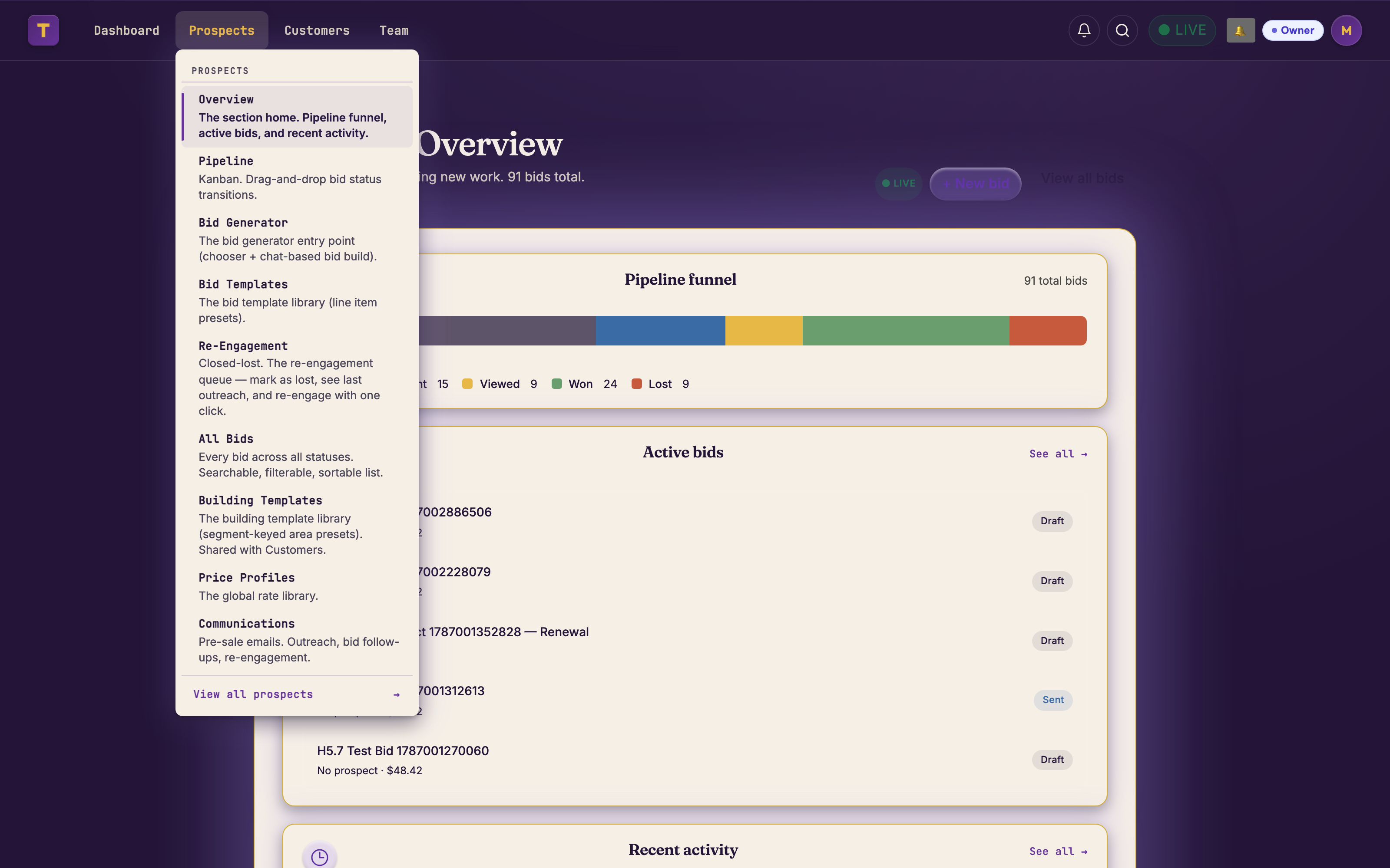 TidySuite Prospects overview — pipeline funnel, active bids, recent activity